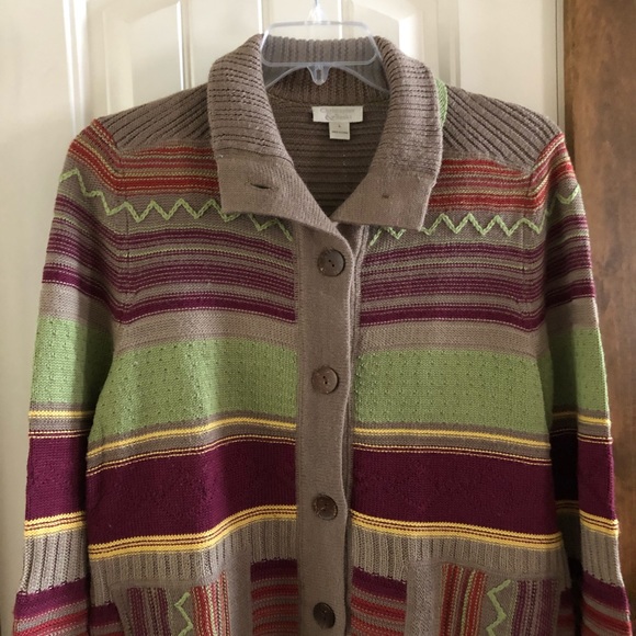Gorgeous C&B Cardigan-Sz Lg-Tan/Lime/Yellow/Orange - Picture 3 of 13